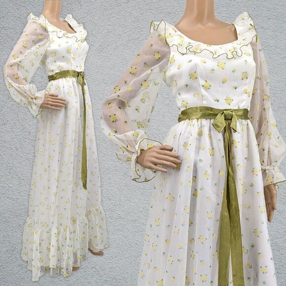 Vintage Dresses & Skirts - Vintage 70s Montgomery Ward Dress Prairie Gown Floral Velvet Cottage Southern 4